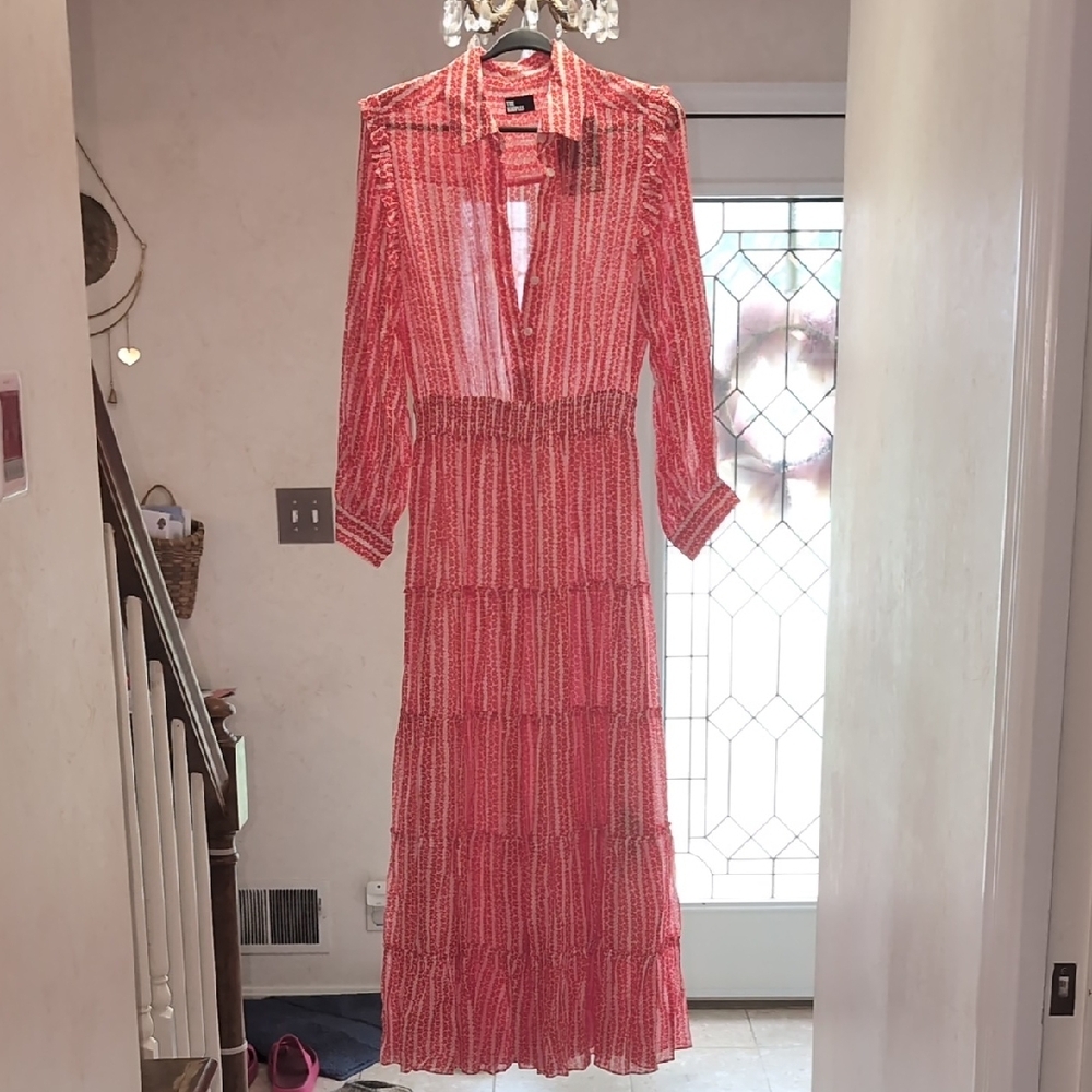 Like New The Kooples Flower Stripes Red & White Long Sleeve Dress